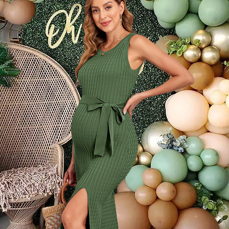 V FOR CITY Maternity Dress for Baby Shower Cable Knit Slit Pregnancy Dresses Casual Sleeveless Bodycon Pregnant Clothes
