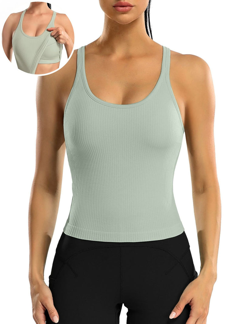 ANFERRY Ribbed Athletic Tank Tops for Women with Built in Bra Racerback Seamless Scoop Neck Workout Camis Top