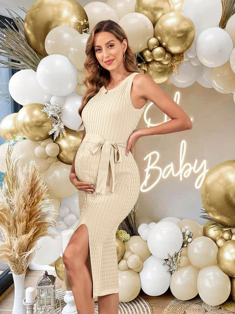 V FOR CITY Maternity Dress for Baby Shower Cable Knit Slit Pregnancy Dresses Casual Sleeveless Bodycon Pregnant Clothes