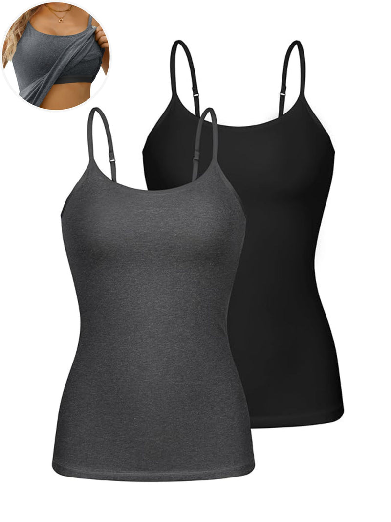 ANFERRY Womens Cotton Camisoles with Shelf Bra Solid Basic Spaghetti Straps Tank Tops Camis Pack of 2