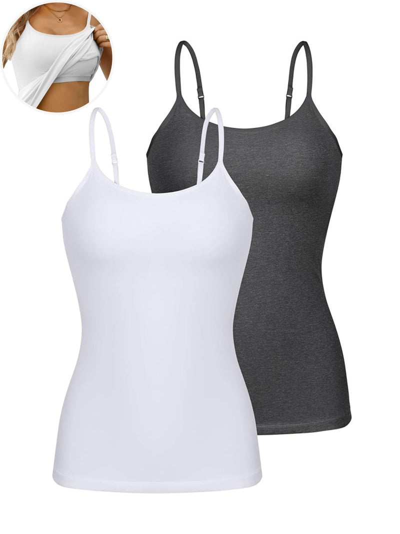 ANFERRY Womens Cotton Camisoles with Shelf Bra Solid Basic Spaghetti Straps Tank Tops Camis Pack of 2