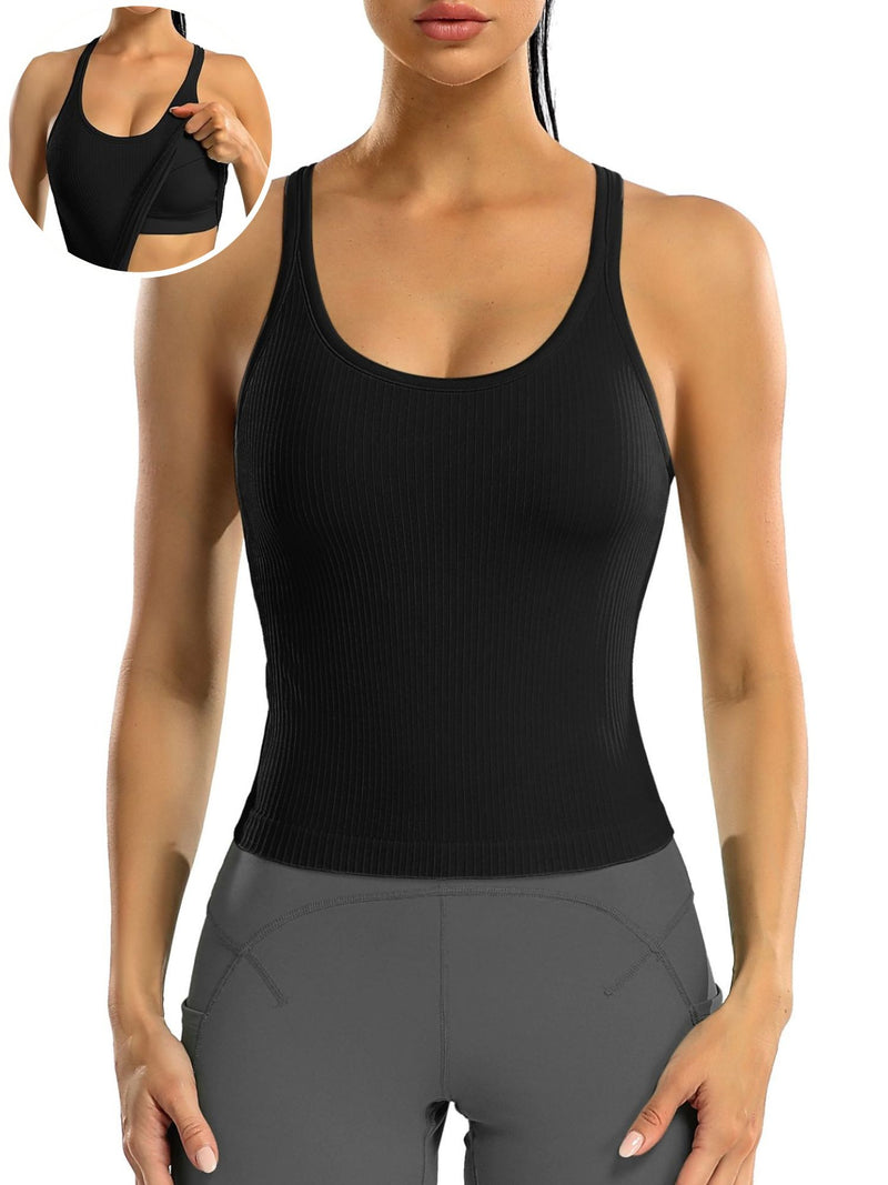 ANFERRY Ribbed Athletic Tank Tops for Women with Built in Bra Racerback Seamless Scoop Neck Workout Camis Top