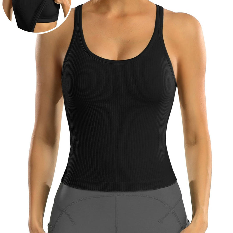 ANFERRY Ribbed Athletic Tank Tops for Women with Built in Bra Racerback Seamless Scoop Neck Workout Camis Top