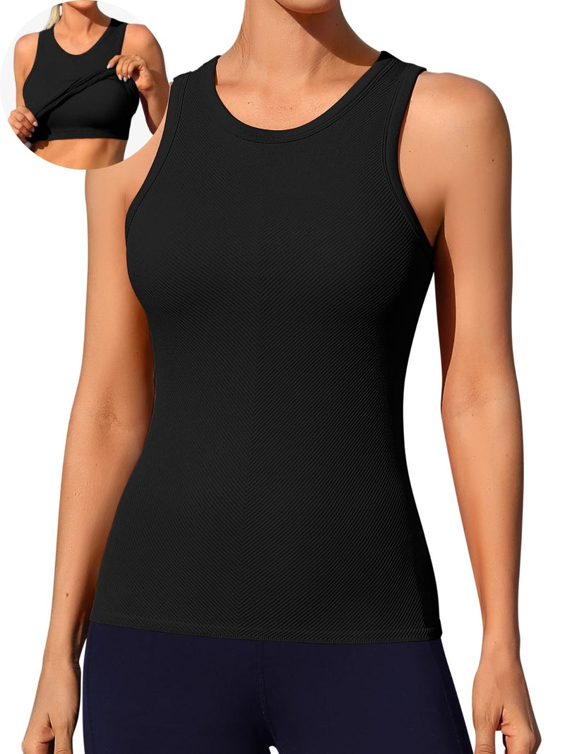 ANFERRY Ribbed Workout Tank Tops for Women Seamless Full Length Athletic Camisole with Built in Bra