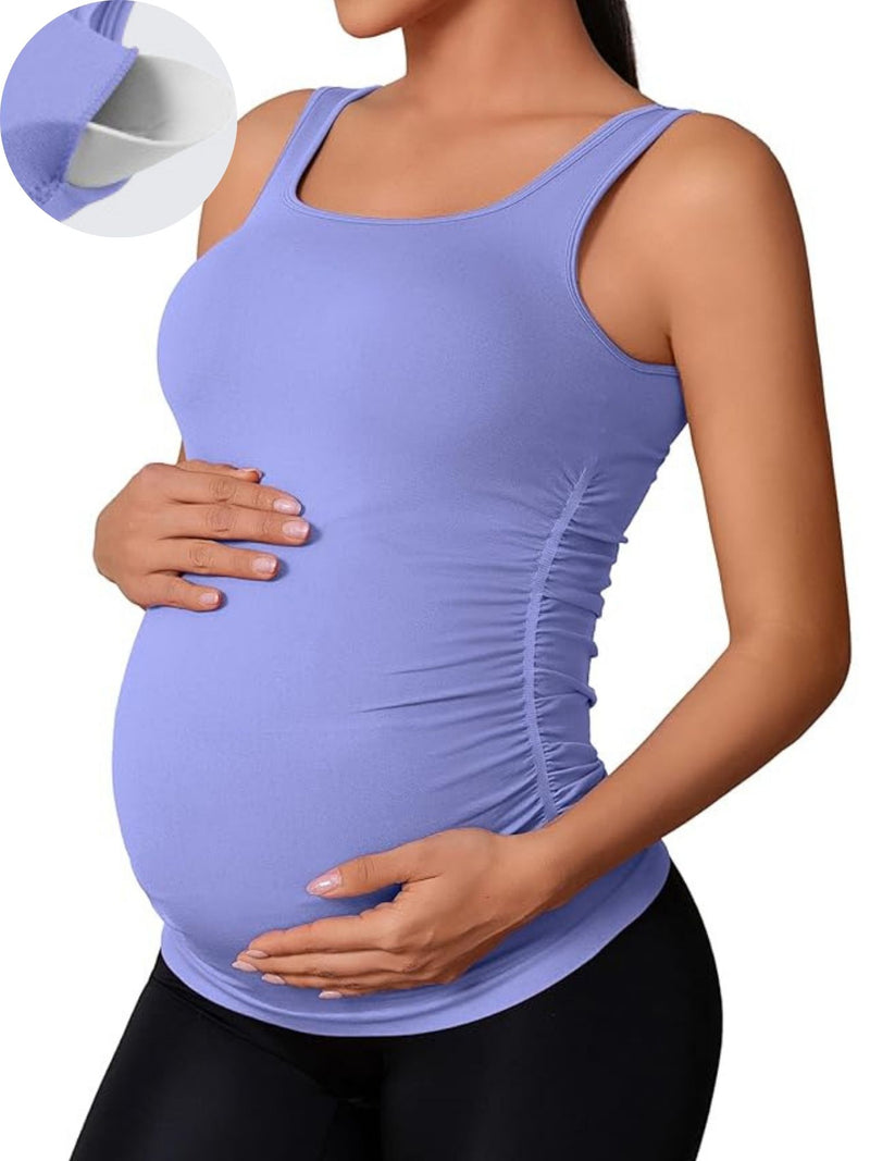 ANFERRY Maternity Tank Top Women Seamless Side Ruching Pregnancy Basic Shirts with Built in Bras