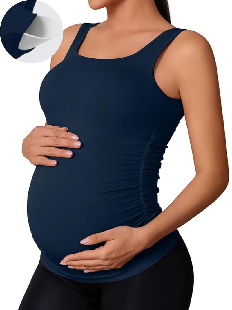 ANFERRY Maternity Tank Top Women Seamless Side Ruching Pregnancy Basic Shirts with Built in Bras