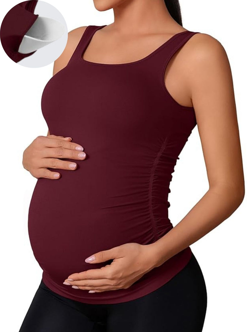 ANFERRY Maternity Tank Top Women Seamless Side Ruching Pregnancy Basic Shirts with Built in Bras