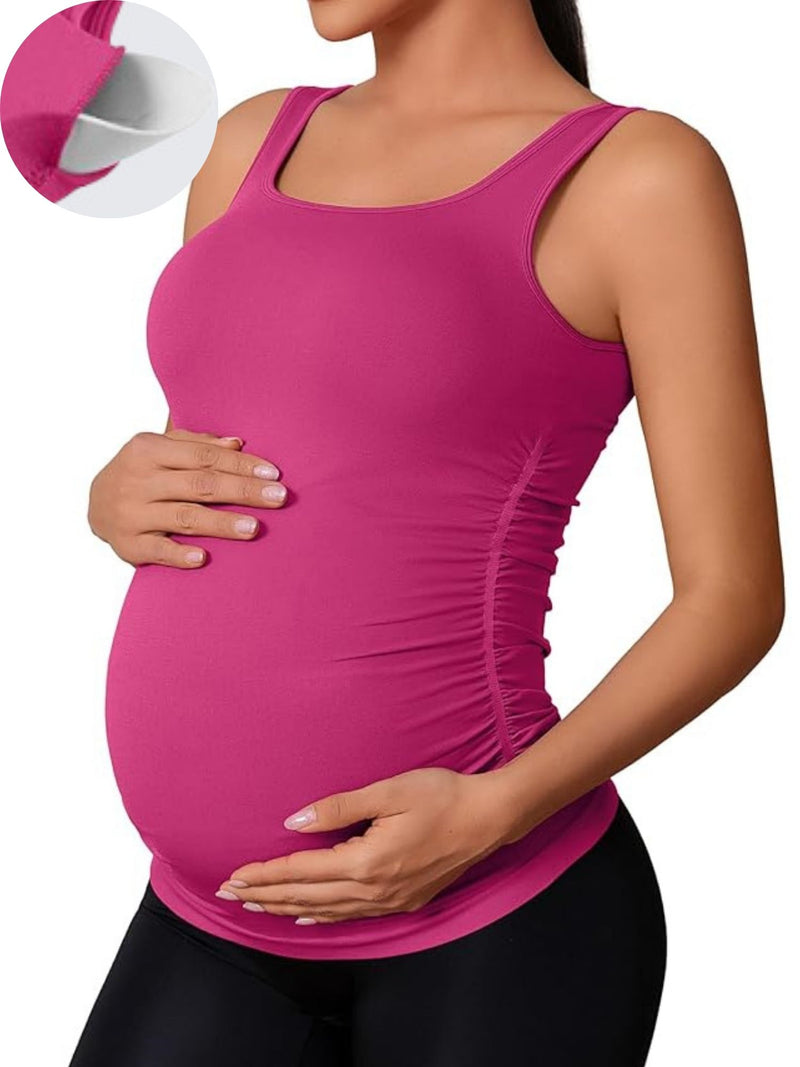 ANFERRY Maternity Tank Top Women Seamless Side Ruching Pregnancy Basic Shirts with Built in Bras