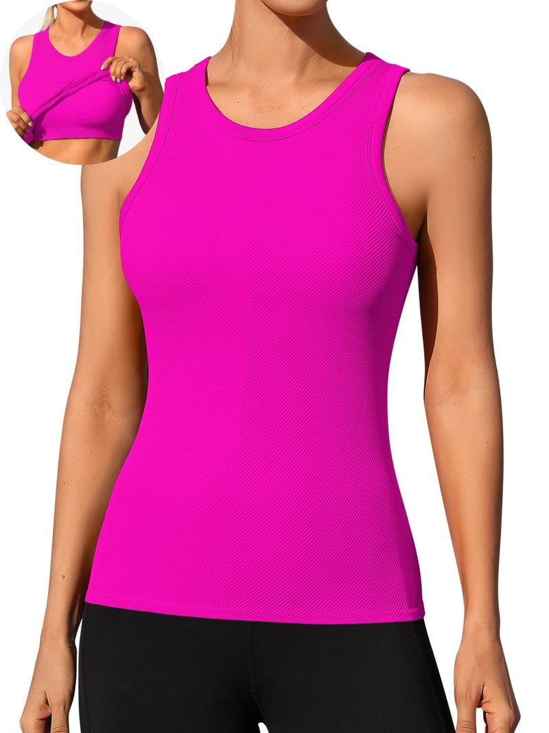 ANFERRY Ribbed Workout Tank Tops for Women Seamless Full Length Athletic Camisole with Built in Bra