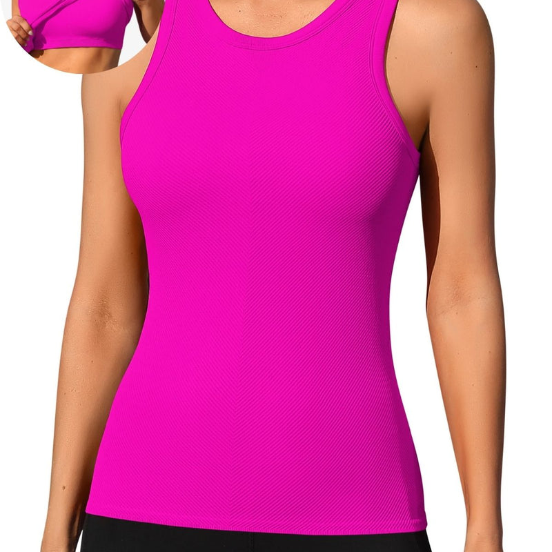 ANFERRY Ribbed Workout Tank Tops for Women Seamless Full Length Athletic Camisole with Built in Bra