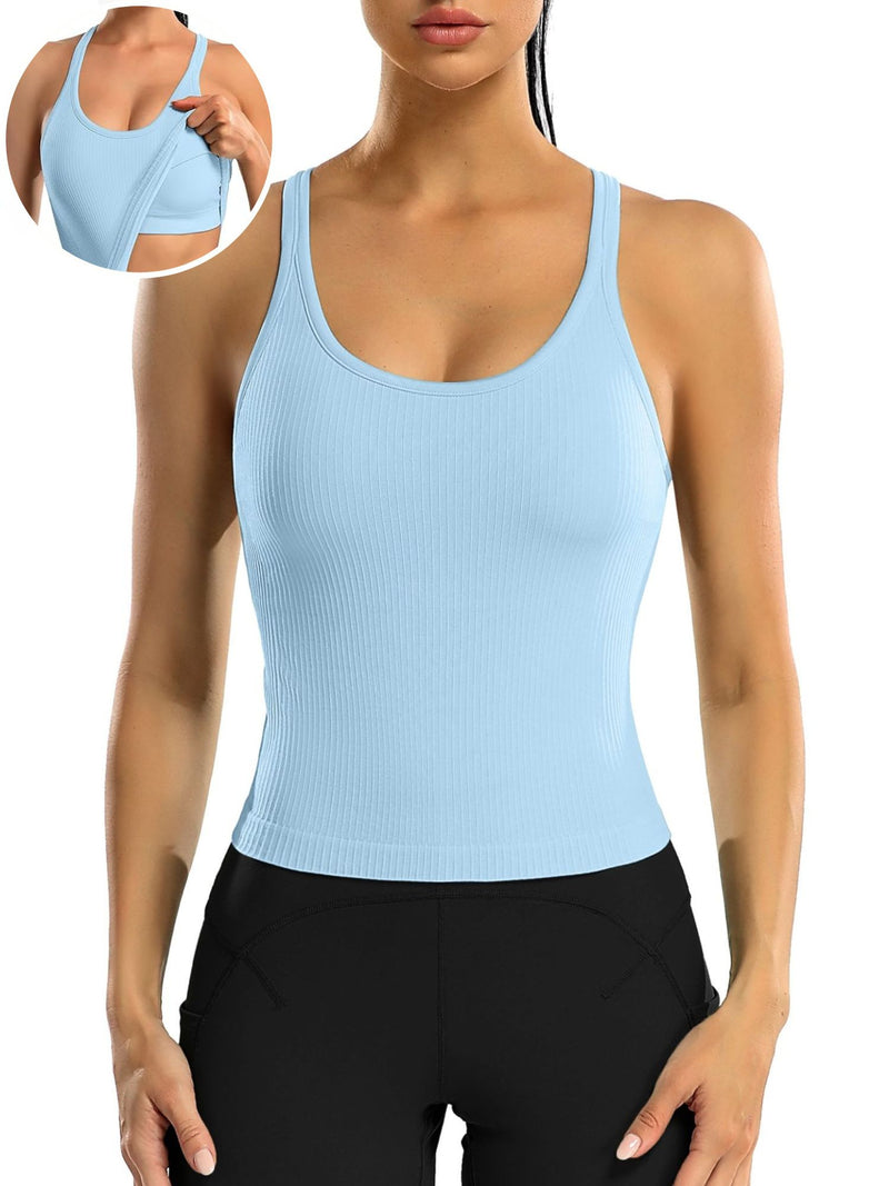 ANFERRY Ribbed Athletic Tank Tops for Women with Built in Bra Racerback Seamless Scoop Neck Workout Camis Top