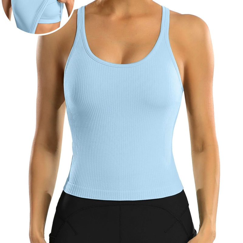 ANFERRY Ribbed Athletic Tank Tops for Women with Built in Bra Racerback Seamless Scoop Neck Workout Camis Top