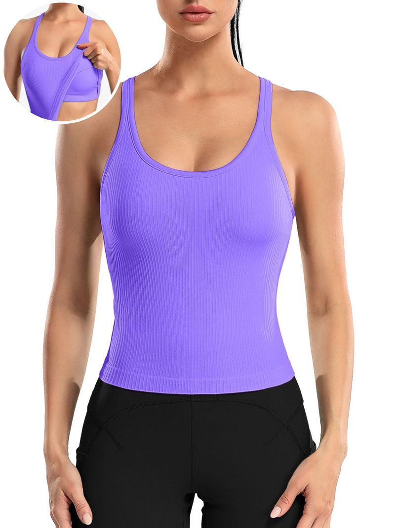 ANFERRY Ribbed Athletic Tank Tops for Women with Built in Bra Racerback Seamless Scoop Neck Workout Camis Top