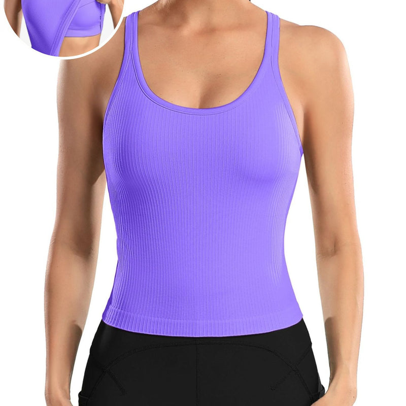 ANFERRY Ribbed Athletic Tank Tops for Women with Built in Bra Racerback Seamless Scoop Neck Workout Camis Top