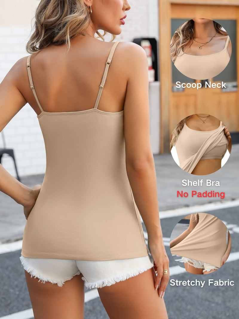ANFERRY Womens Cotton Camisoles with Shelf Bra Solid Basic Spaghetti Straps Tank Tops Camis Pack of 2