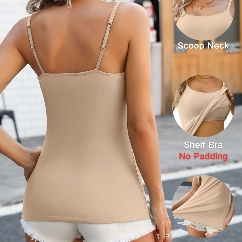 ANFERRY Womens Cotton Camisoles with Shelf Bra Solid Basic Spaghetti Straps Tank Tops Camis Pack of 2