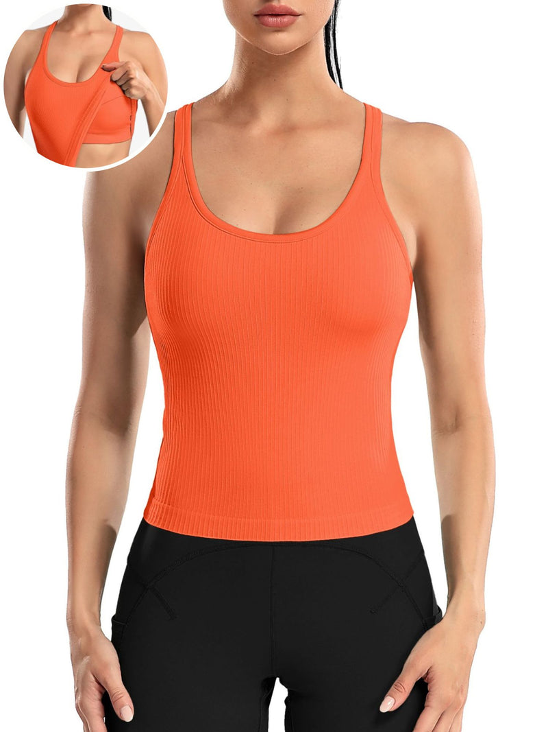 ANFERRY Ribbed Athletic Tank Tops for Women with Built in Bra Racerback Seamless Scoop Neck Workout Camis Top