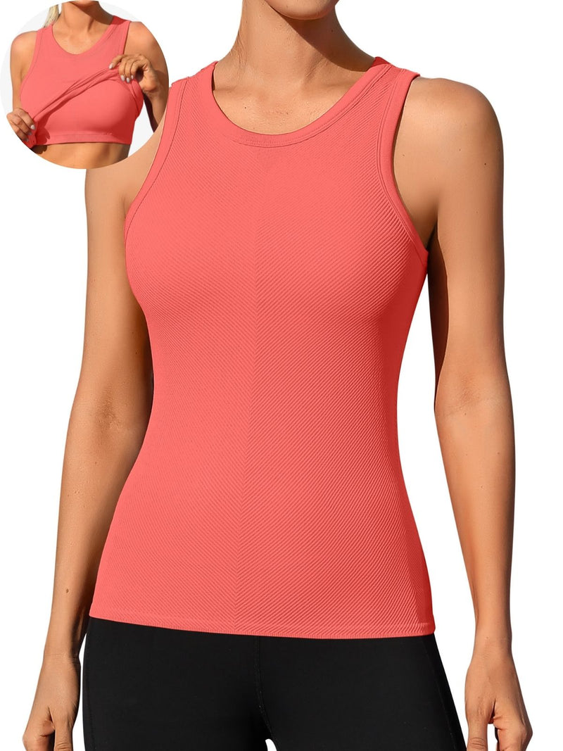 ANFERRY Ribbed Workout Tank Tops for Women Seamless Full Length Athletic Camisole with Built in Bra