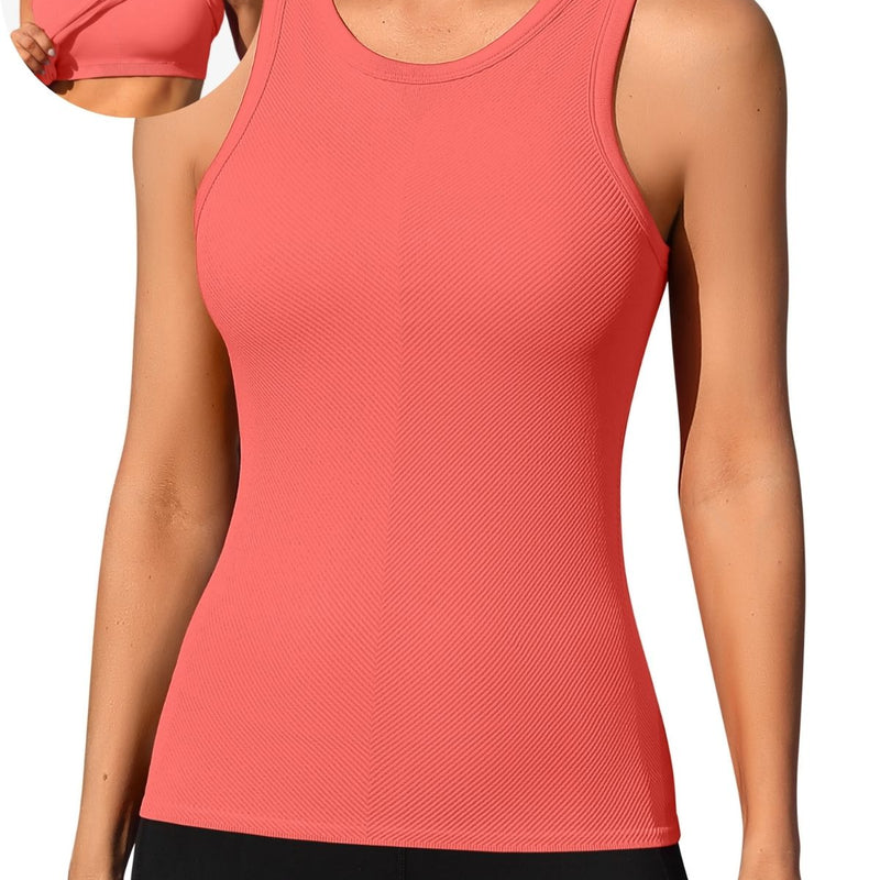ANFERRY Ribbed Workout Tank Tops for Women Seamless Full Length Athletic Camisole with Built in Bra