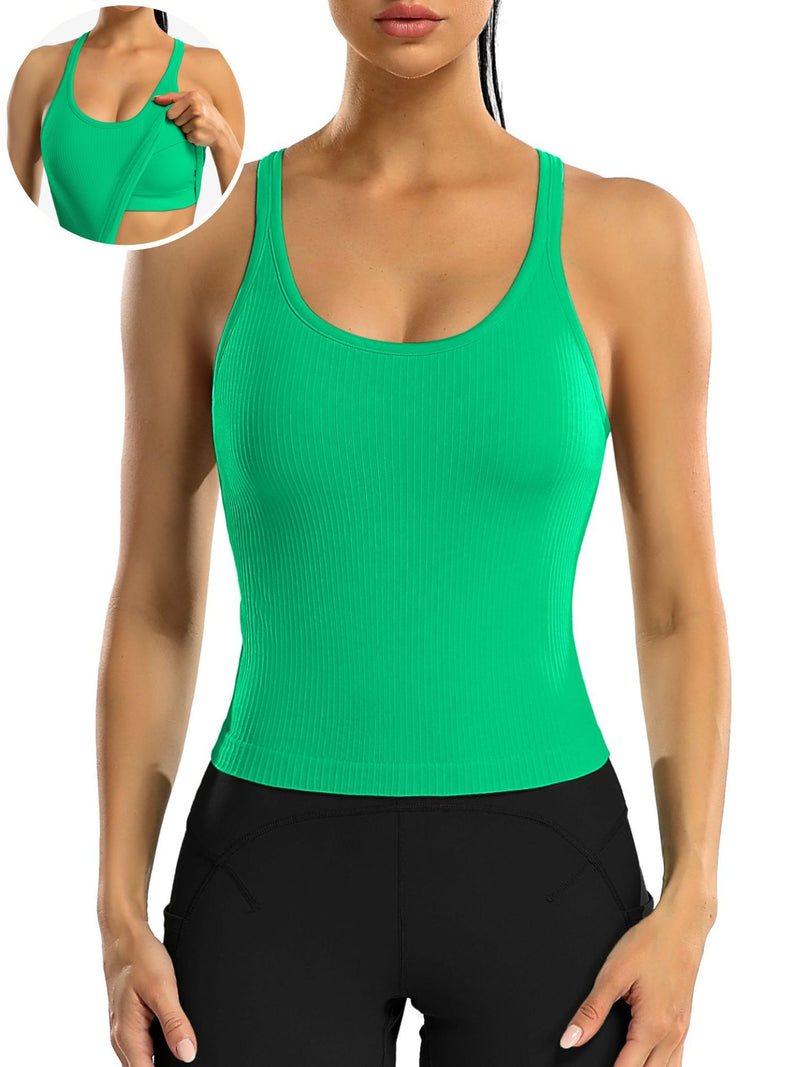 ANFERRY Ribbed Athletic Tank Tops for Women with Built in Bra Racerback Seamless Scoop Neck Workout Camis Top