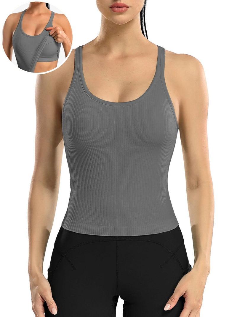 ANFERRY Ribbed Athletic Tank Tops for Women with Built in Bra Racerback Seamless Scoop Neck Workout Camis Top