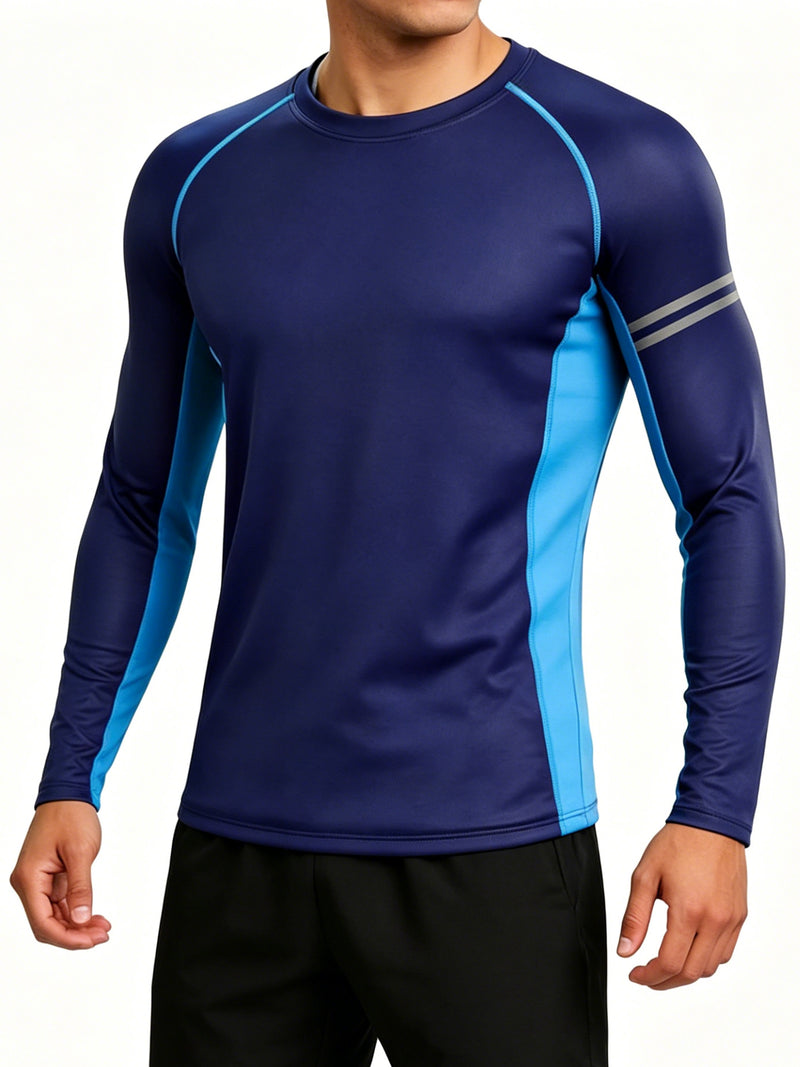 ANFERRY Men Swim Shirts Quick Dry UPF50+ Sun Protection Athletic Rash Guards Long Sleeve Color Block Swimwear
