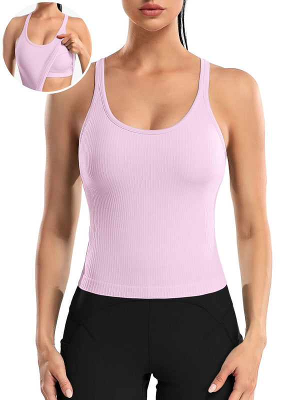 ANFERRY Ribbed Athletic Tank Tops for Women with Built in Bra Racerback Seamless Scoop Neck Workout Camis Top