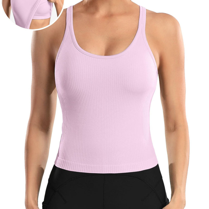 ANFERRY Ribbed Athletic Tank Tops for Women with Built in Bra Racerback Seamless Scoop Neck Workout Camis Top