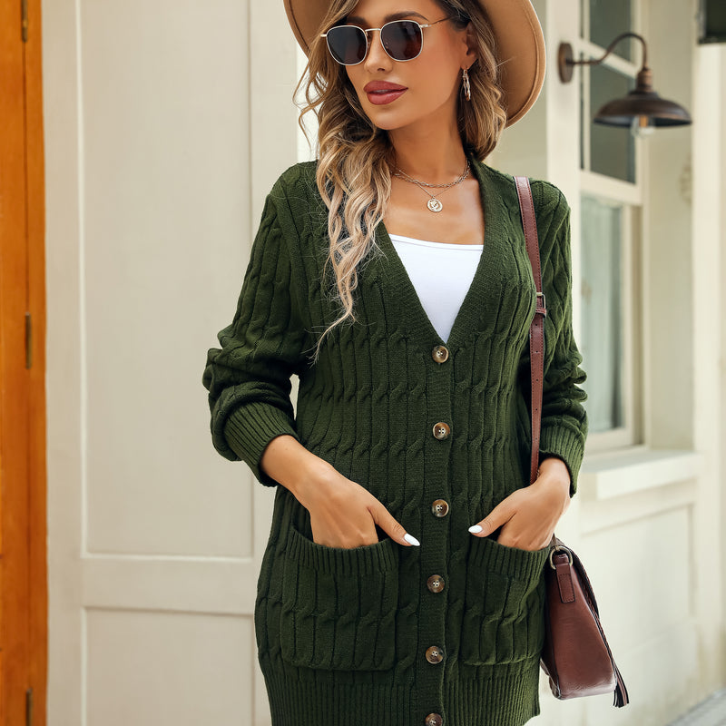 Women's Solid Color Cable Knit Cardigan Long Sleeve V-Neck Button Front Sweater with Pockets