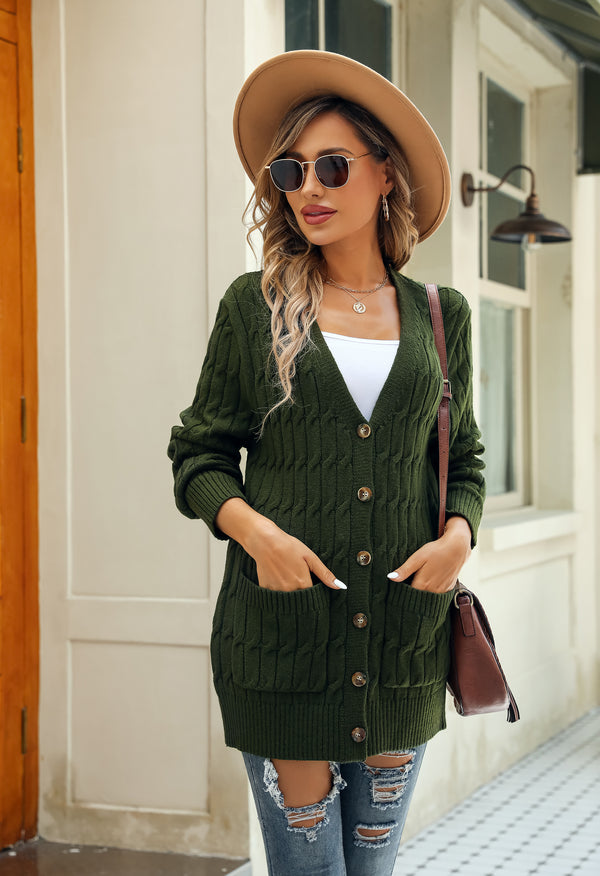 Women's Solid Color Cable Knit Cardigan Long Sleeve V-Neck Button Front Sweater with Pockets