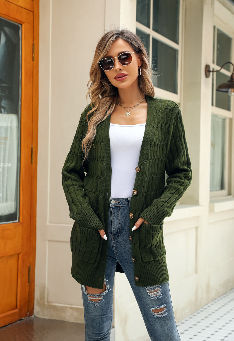 Women's Solid Color Cable Knit Cardigan Long Sleeve V-Neck Button Front Sweater with Pockets