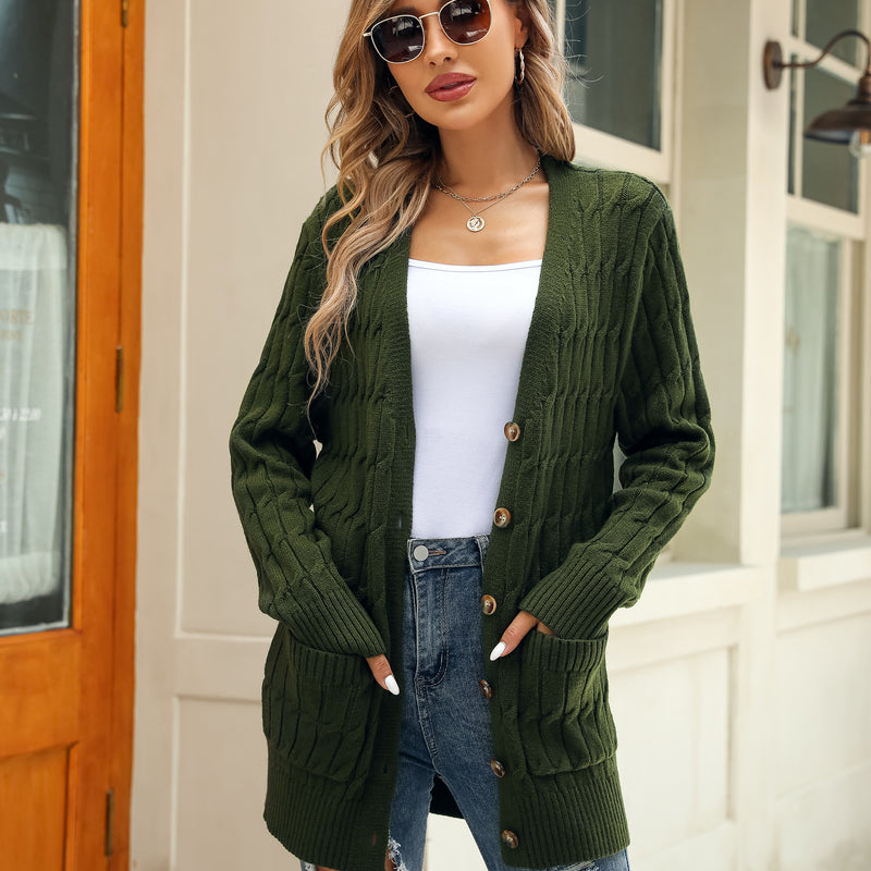 Women's Solid Color Cable Knit Cardigan Long Sleeve V-Neck Button Front Sweater with Pockets