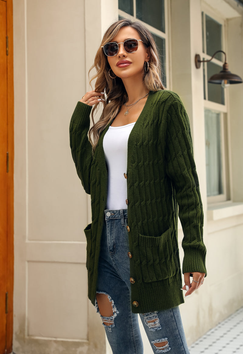 Women's Solid Color Cable Knit Cardigan Long Sleeve V-Neck Button Front Sweater with Pockets