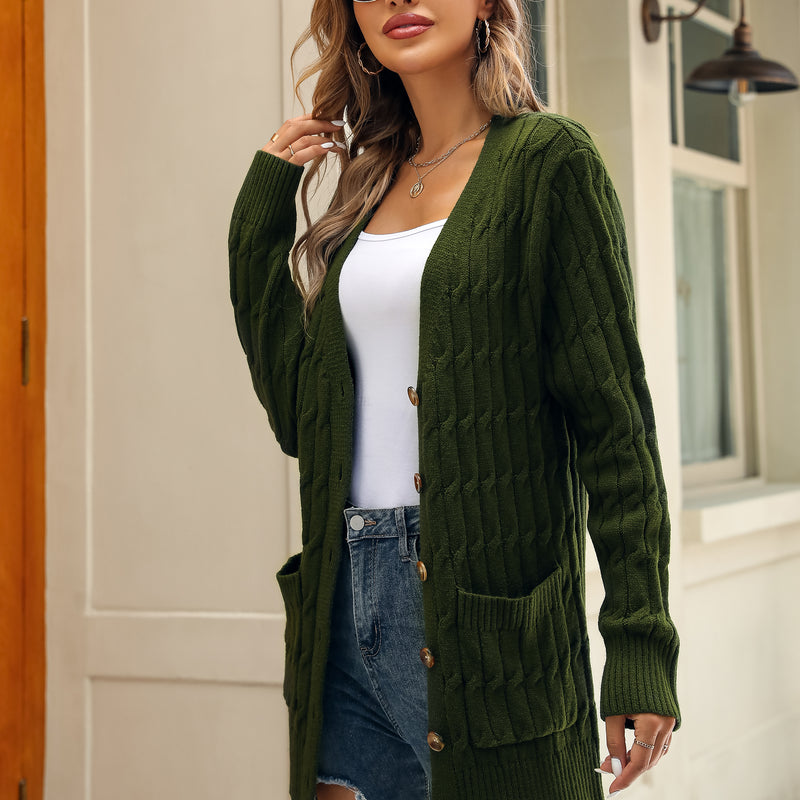 Women's Solid Color Cable Knit Cardigan Long Sleeve V-Neck Button Front Sweater with Pockets