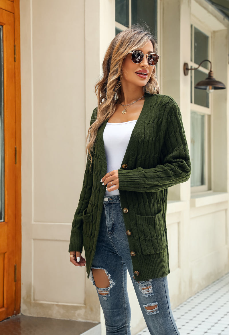 Women's Solid Color Cable Knit Cardigan Long Sleeve V-Neck Button Front Sweater with Pockets