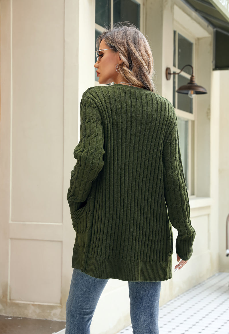 Women's Solid Color Cable Knit Cardigan Long Sleeve V-Neck Button Front Sweater with Pockets