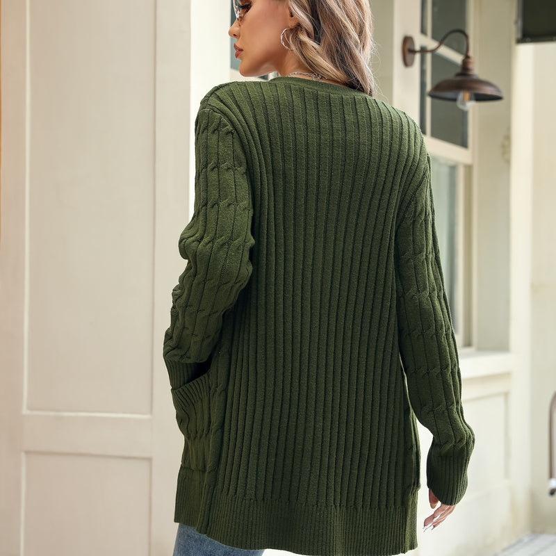 Women's Solid Color Cable Knit Cardigan Long Sleeve V-Neck Button Front Sweater with Pockets