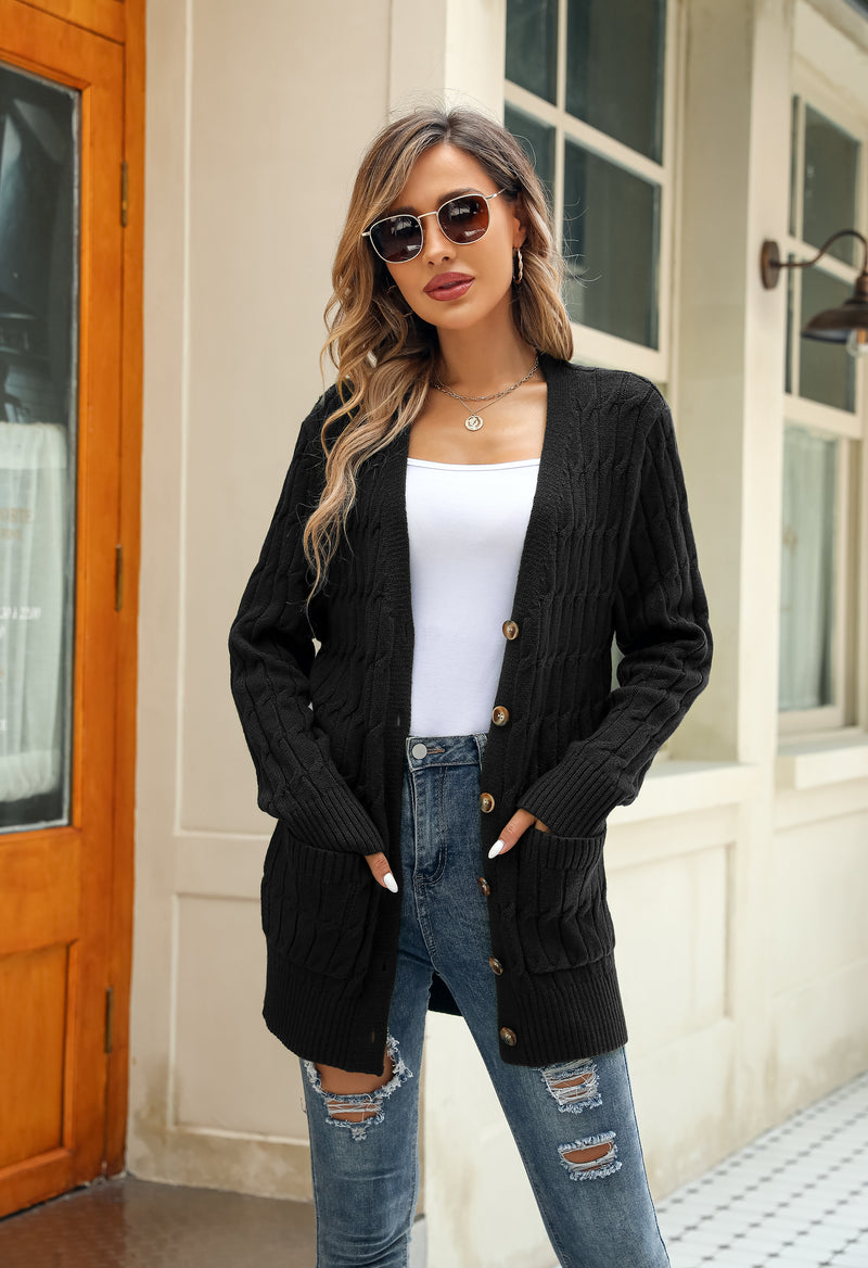 Women's Solid Color Cable Knit Cardigan Long Sleeve V-Neck Button Front Sweater with Pockets