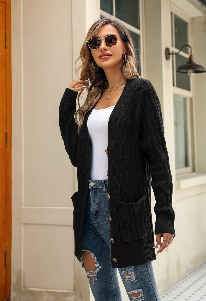 Women's Solid Color Cable Knit Cardigan Long Sleeve V-Neck Button Front Sweater with Pockets