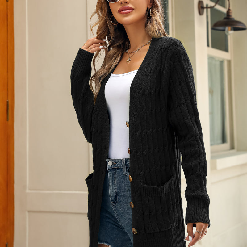 Women's Solid Color Cable Knit Cardigan Long Sleeve V-Neck Button Front Sweater with Pockets