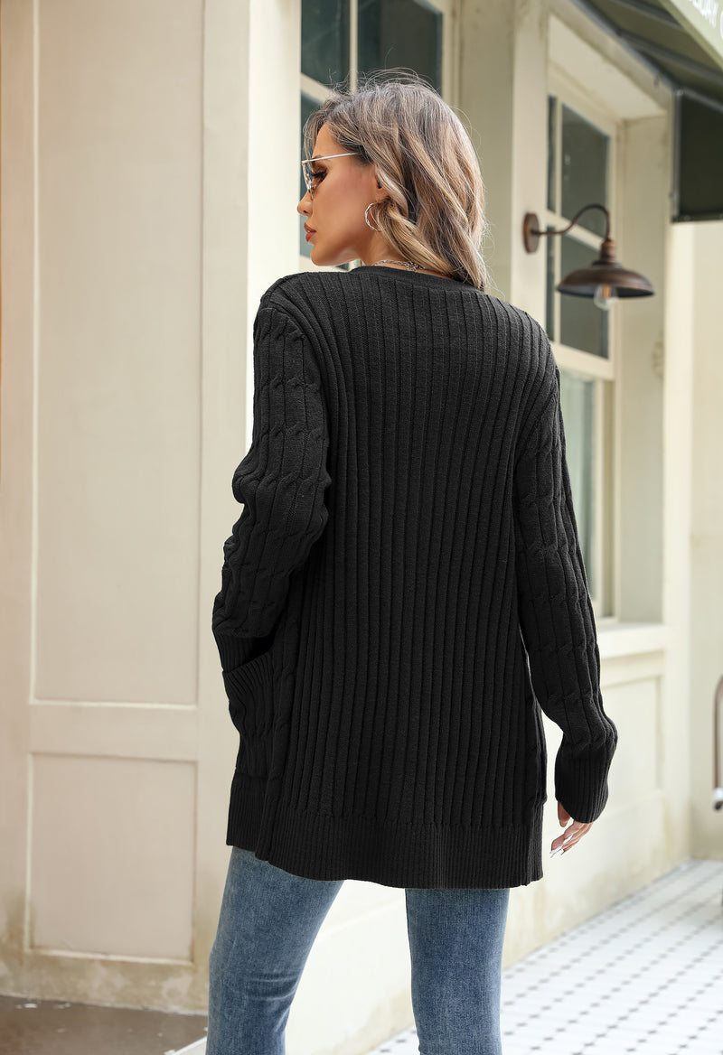 Women's Solid Color Cable Knit Cardigan Long Sleeve V-Neck Button Front Sweater with Pockets