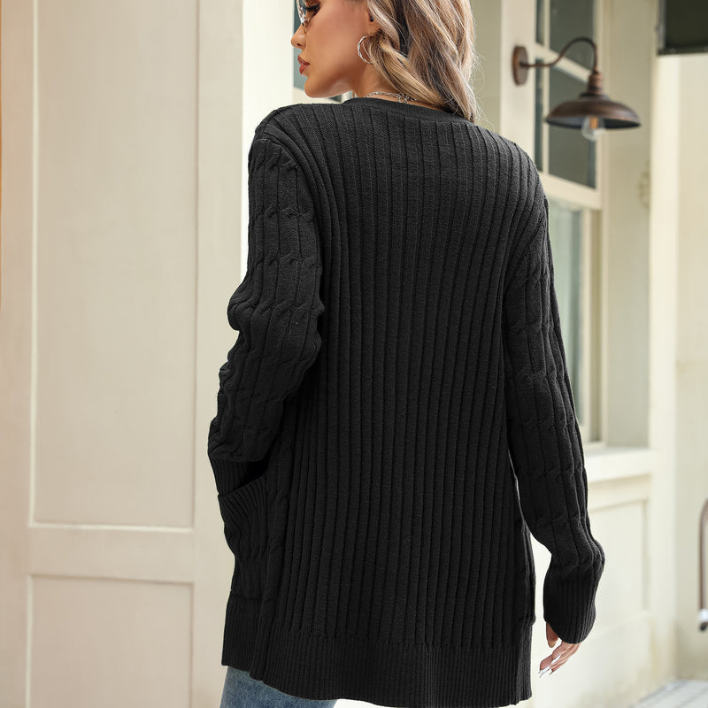 Women's Solid Color Cable Knit Cardigan Long Sleeve V-Neck Button Front Sweater with Pockets