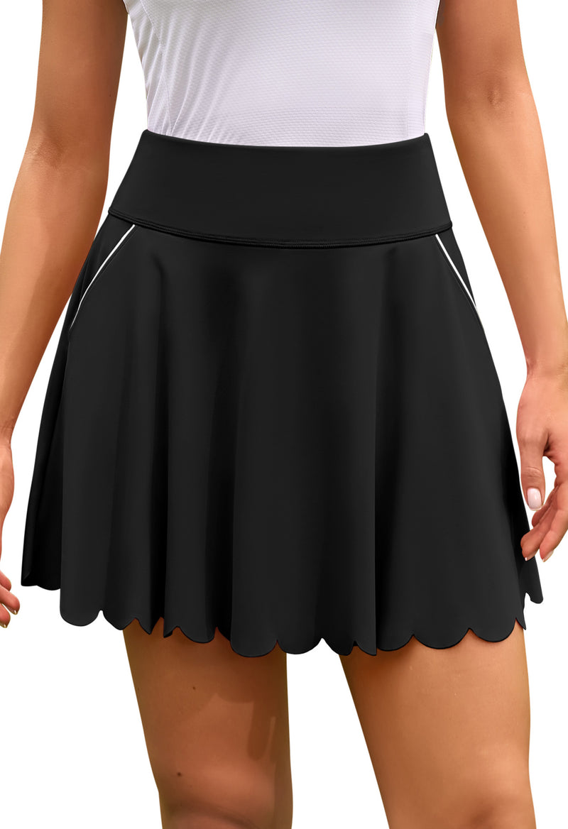 Women's Scalloped Hem Athletic Tennis Skorts with Shorts and Pockets