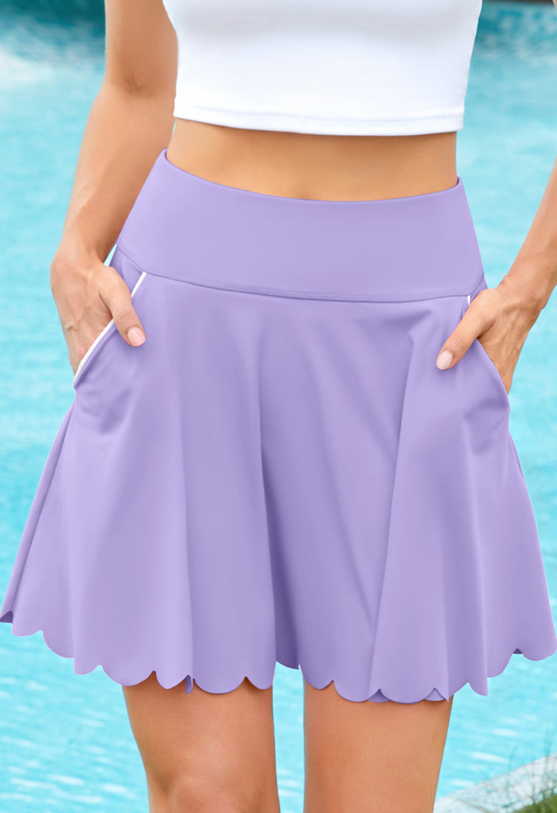 Women's Scalloped Hem Athletic Tennis Skorts with Shorts and Pockets