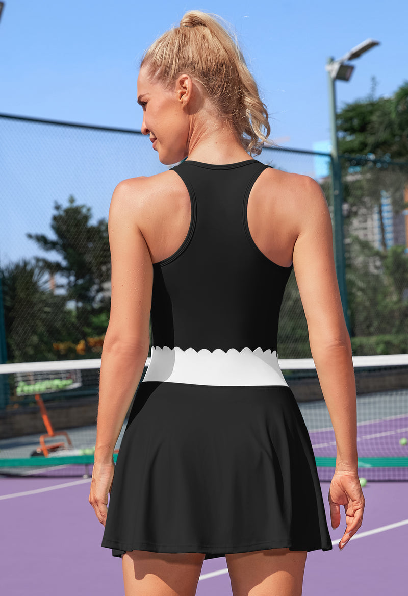 Women's Racerback Scalloped Waist 2-Piece Pocket Tennis Outfit Set