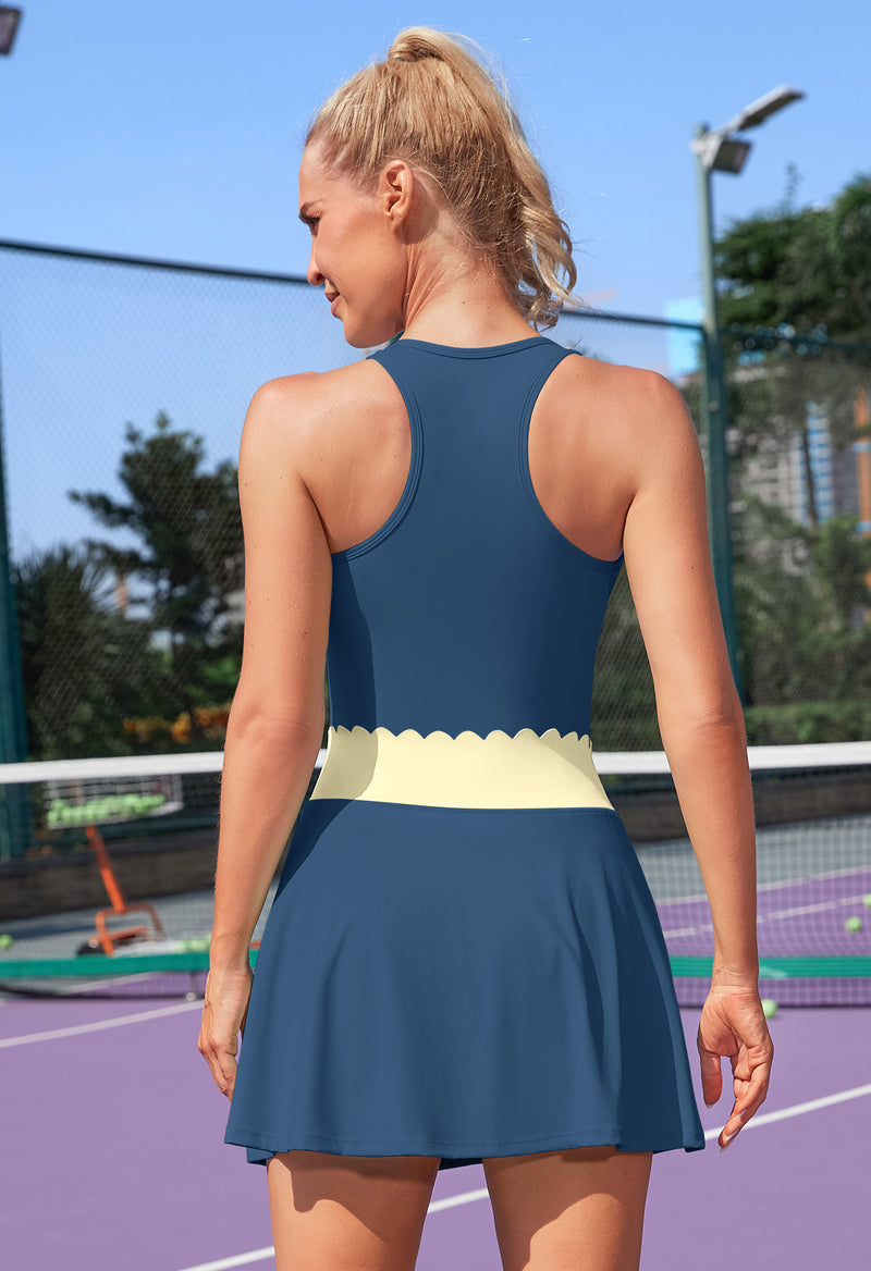 Women's Racerback Scalloped Waist 2-Piece Pocket Tennis Outfit Set