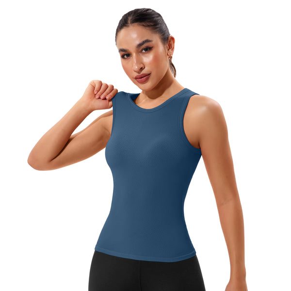 Women Seamless Ribbed High Neck Racerback Workout Tank Top Built In Bra