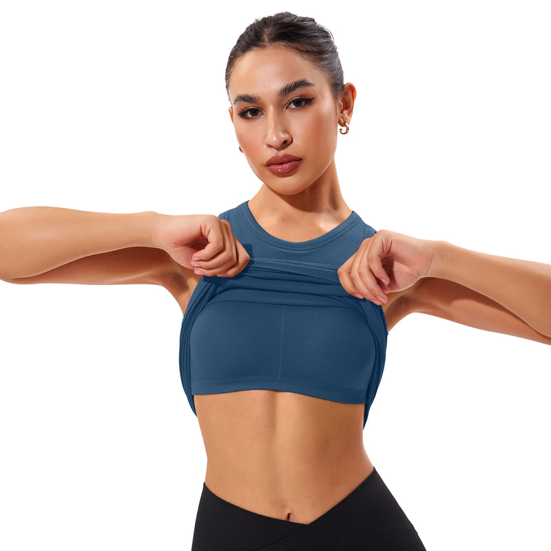 Women Seamless Ribbed High Neck Racerback Workout Tank Top Built In Bra