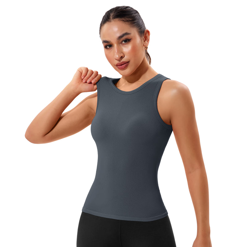 Women Seamless Ribbed High Neck Racerback Workout Tank Top Built In Bra