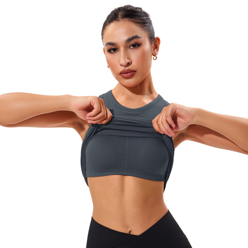 Women Seamless Ribbed High Neck Racerback Workout Tank Top Built In Bra
